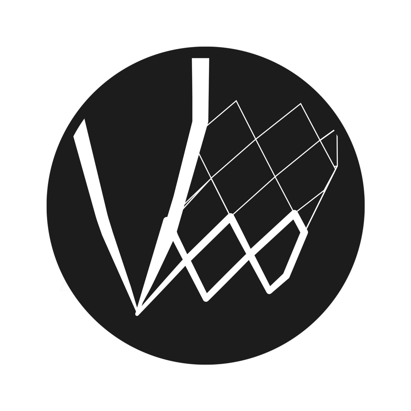 Logo mit geometrischen Formen in einem schwarzen Kreis, weiß