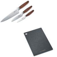 Messer-Set und Schneidebrett. Küche, Kochen, Werkzeug, Holzgriff, schwarz