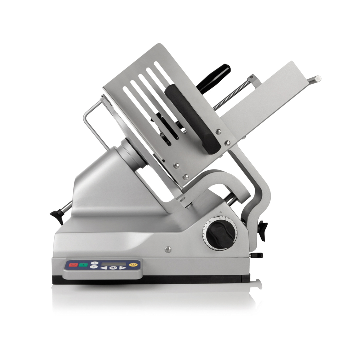 Fleischschneidemaschine, silberfarben, mit Bedienfeld und Drehknopf, professionell