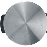 Graef-Gerät, kreisförmig, Metall, gebürstet, mit Griffen, Nahaufnahme, Logo