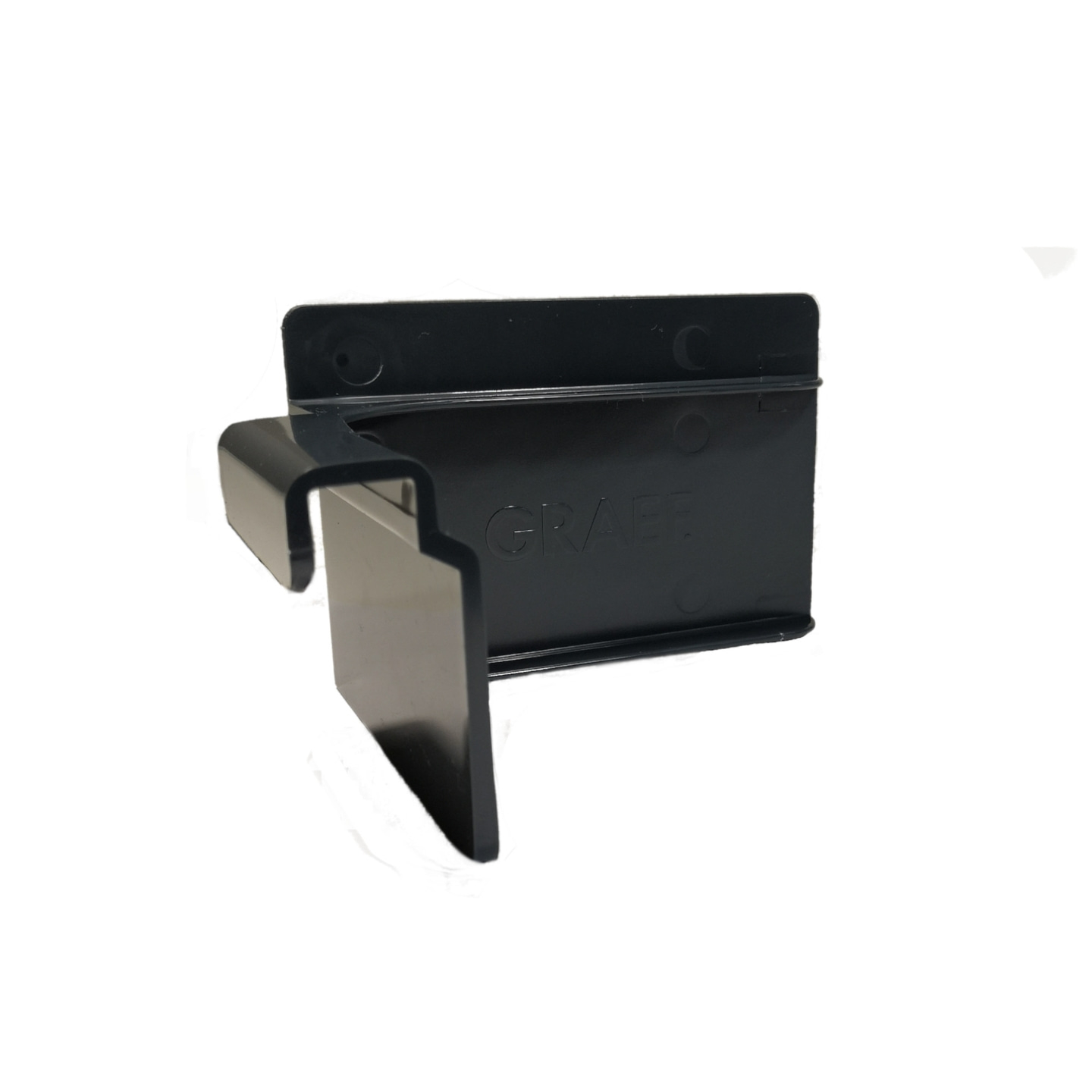 Schwarzer Kunststoff-Clip mit der Aufschrift GRAFF, isoliert auf weißem Hintergrund.
