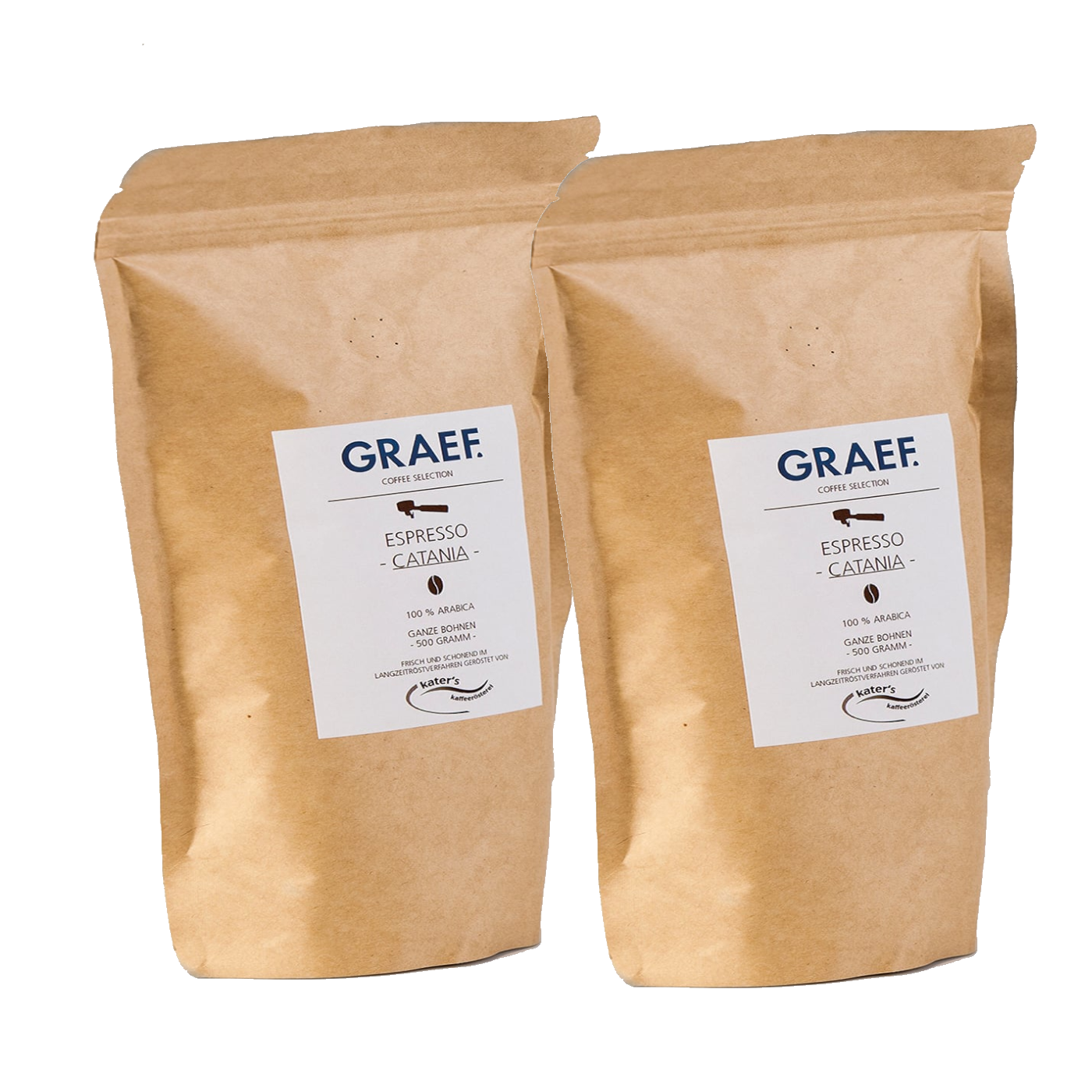 Zwei Kaffeepackungen mit der Aufschrift GRAEF Espresso Catania, 100% Arabica, 500g.