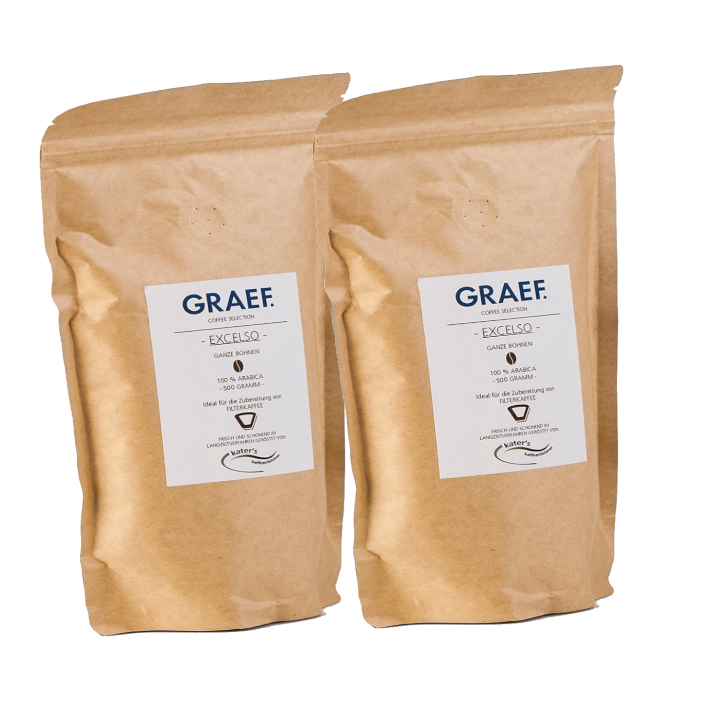 Zwei Kaffeepackungen mit der Aufschrift GRAEF EXCELSO, 100% Arabica, 500 Gramm.
