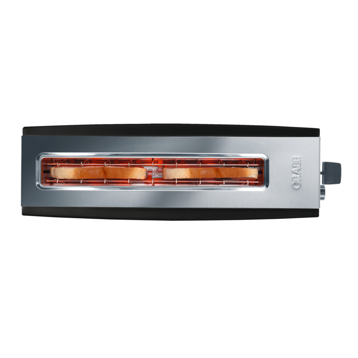 Toaster mit Toastbrot, silberfarben, schwarz, Marke Graef, Nahaufnahme, isoliert