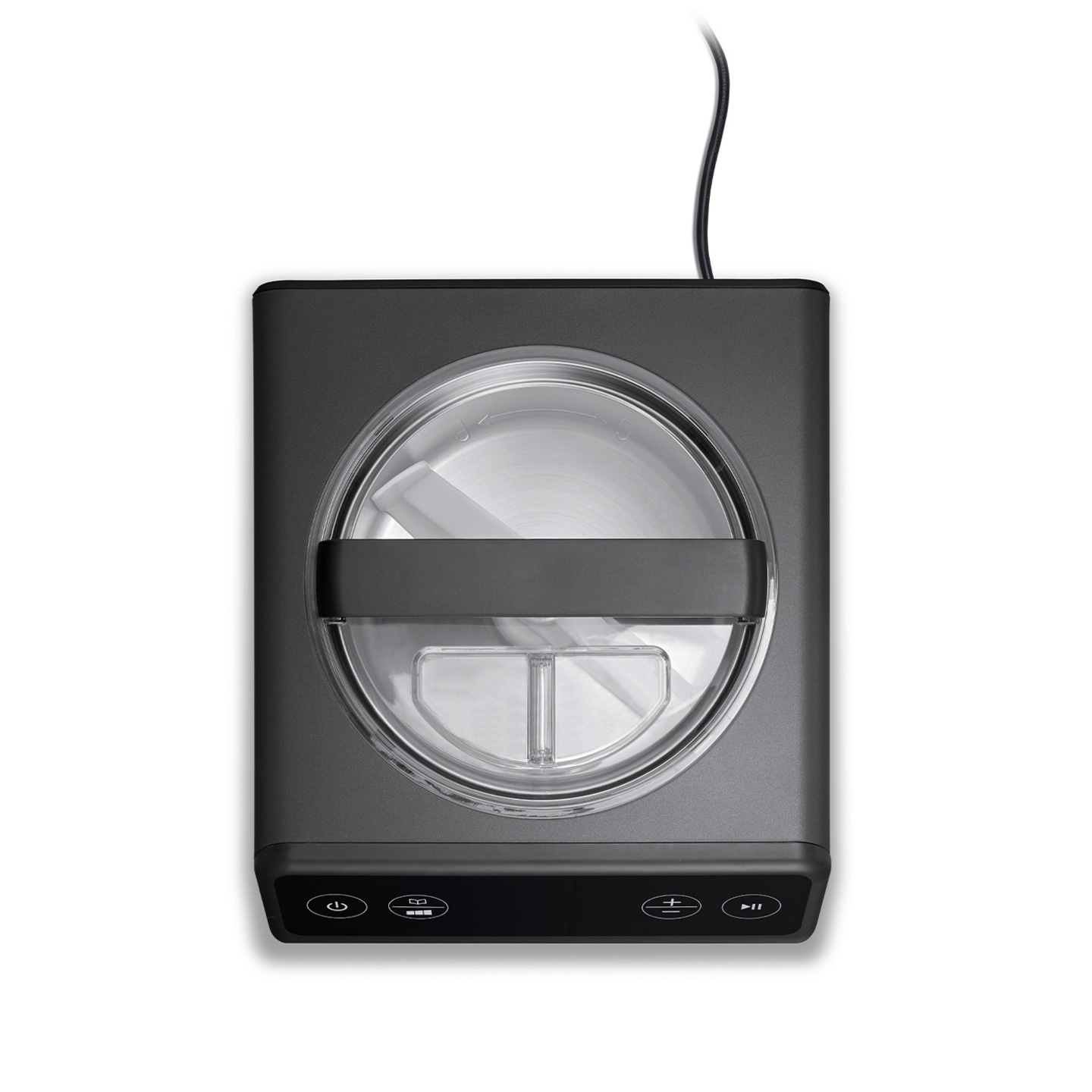 Eiscreme-Maschine, grau, mit Knöpfen und transparentem Deckel, Stromkabel