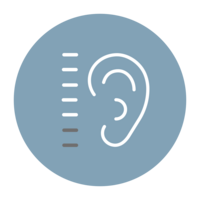 Ohr-Symbol mit Messskala in einem blauen Kreis auf schwarzem Hintergrund