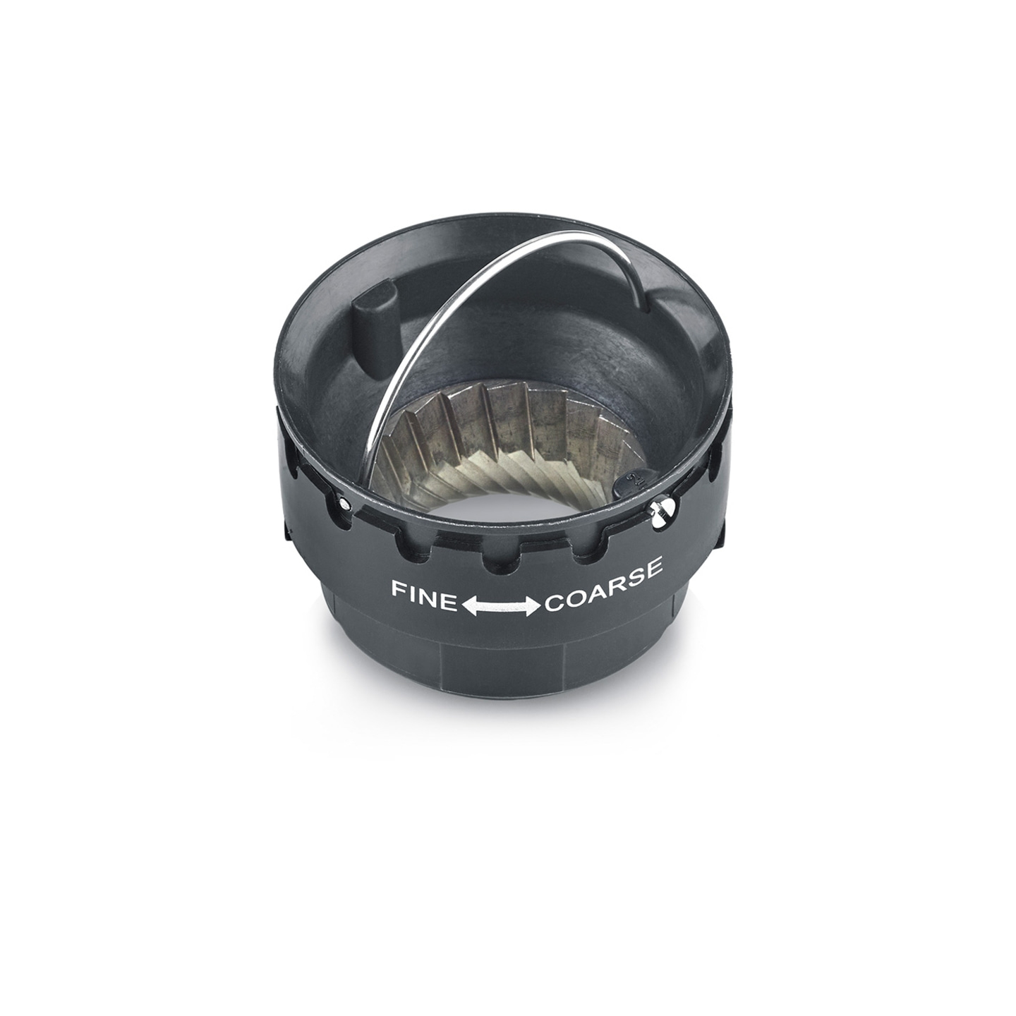 Schwarzer Kaffeemühle mit Einstellung für fein oder grob.