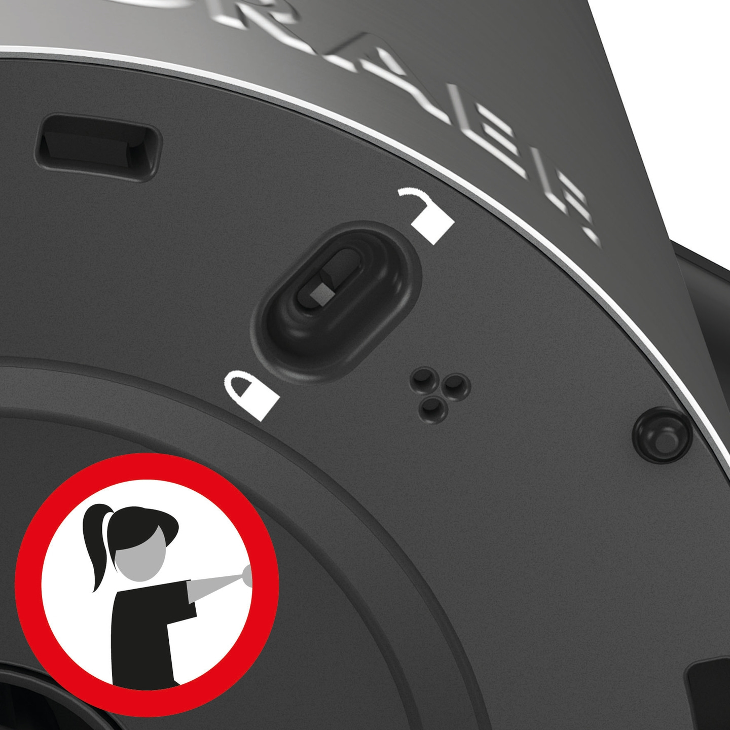 Warnschild mit Frau, die etwas berührt, Schloss-Symbol, schwarzer Hintergrund