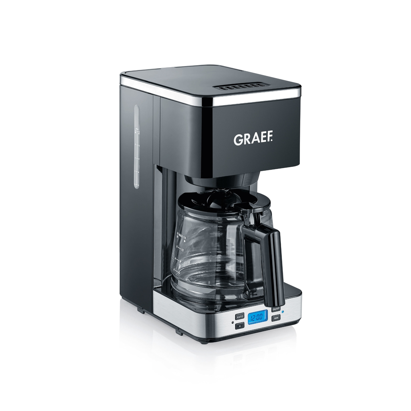 Schwarze Kaffeemaschine mit digitaler Anzeige und Glaskanne, Marke GRAEF.