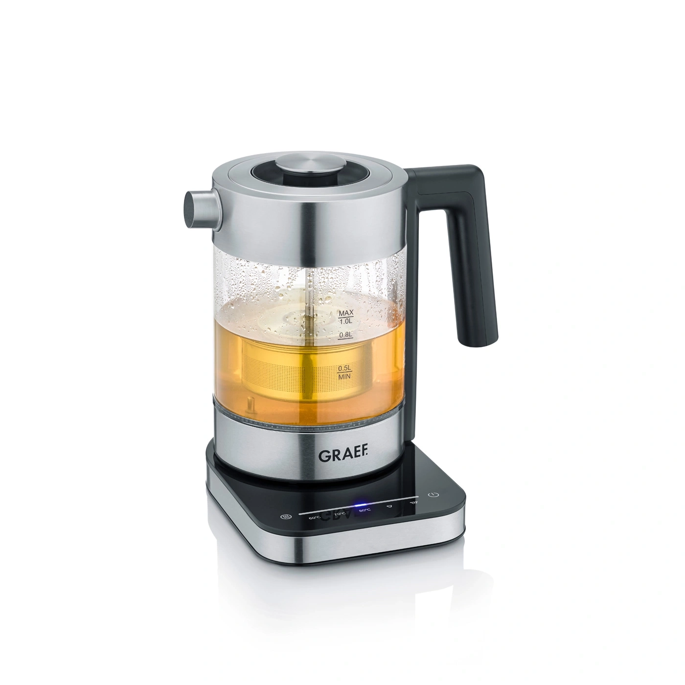 Electric kettle with tea filter, glass, stainless steel, GRAEF, black base