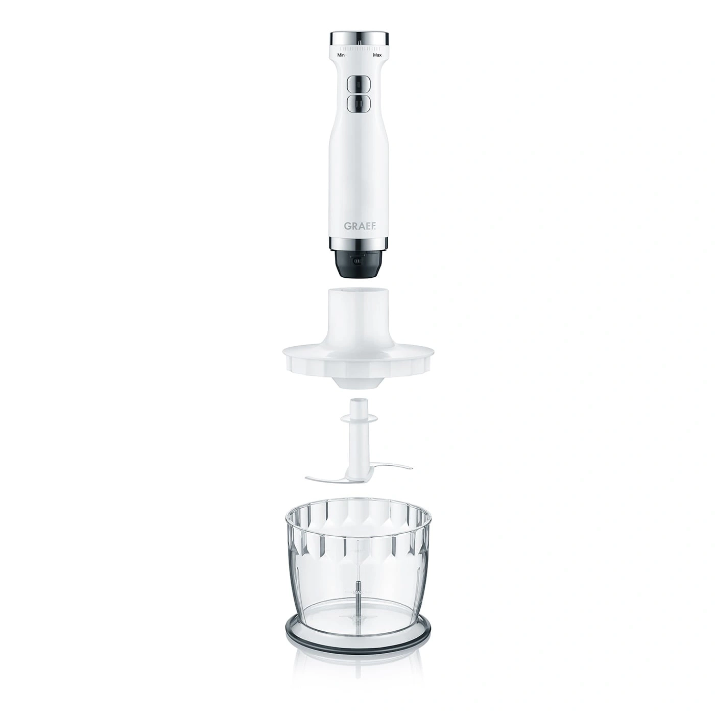 White disassembled immersion blender with accessories, GRAEF, isolated, kitchen appliance