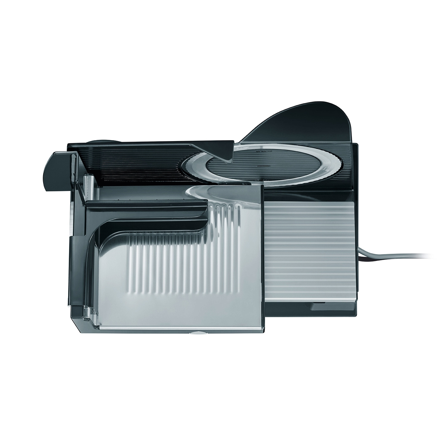 Black electric slicer machine, detail view, isolated on white background