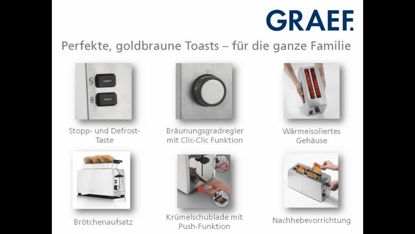 Toaster mit Funktionen: Stopp, Auftauen, Bräunungsregler, Krümelschublade, Aufsatz, Hebefunktion.