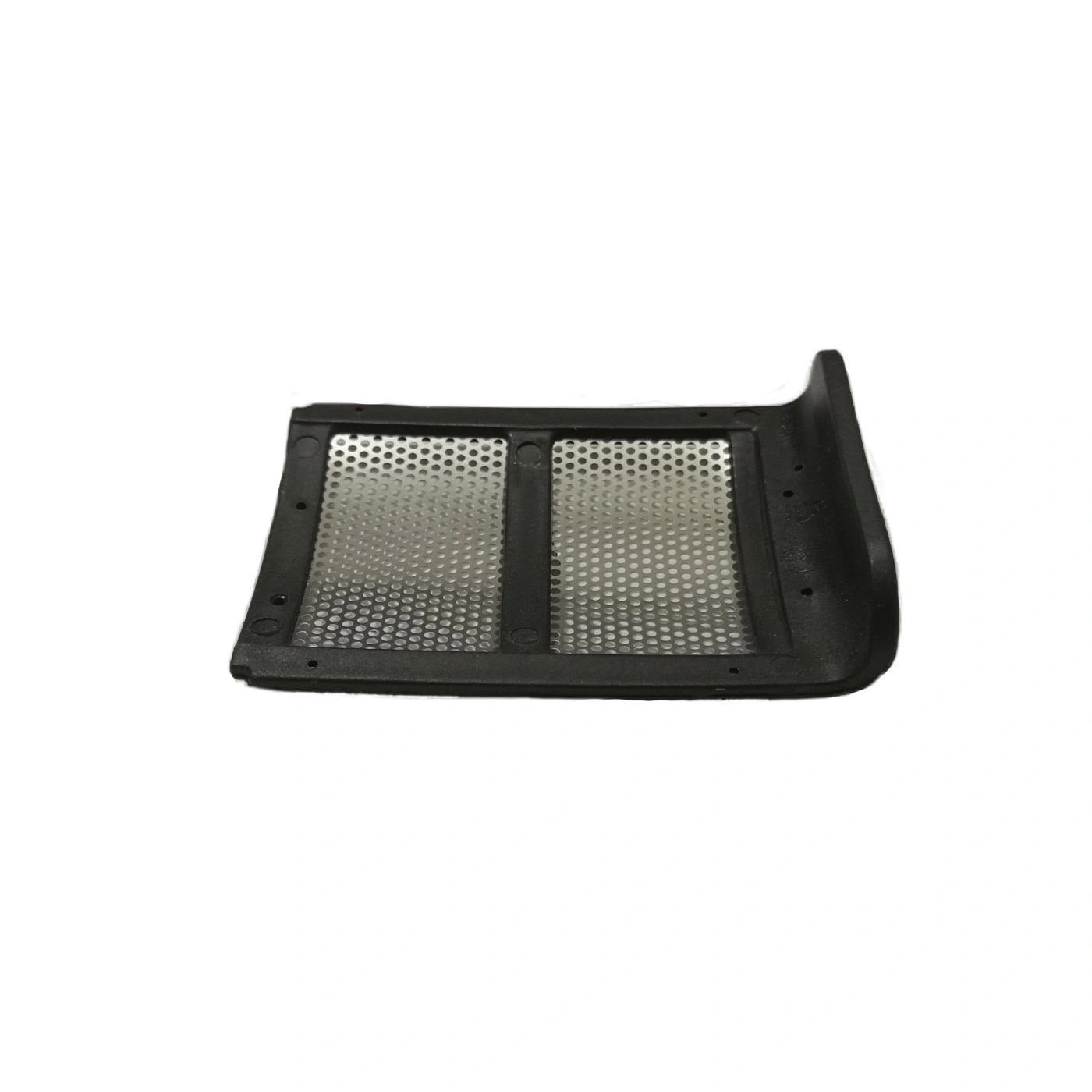 Black rectangular mesh with holes, for a device, close-up shot, isolated