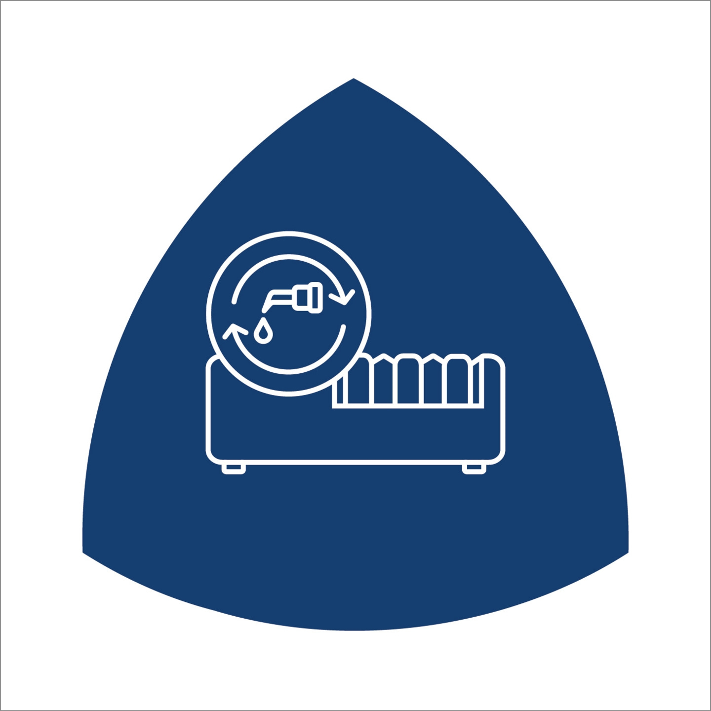 Blaues Dreieck mit Wasserhahn-Symbol und einem Waschbecken-Symbol.