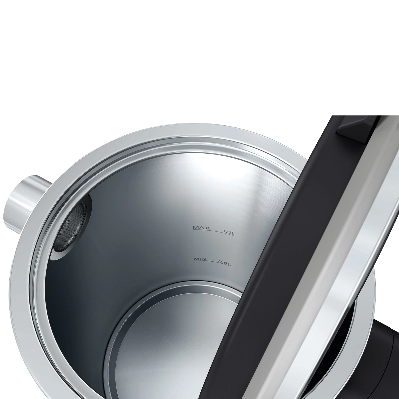 Close-up of a kettle with water level indicators for maximum and minimum
