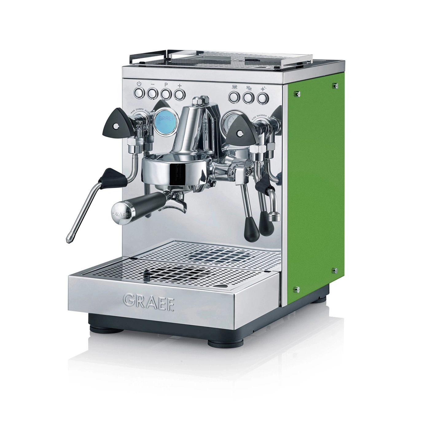 A green espresso machine with chrome details and the GRAEF brand name.