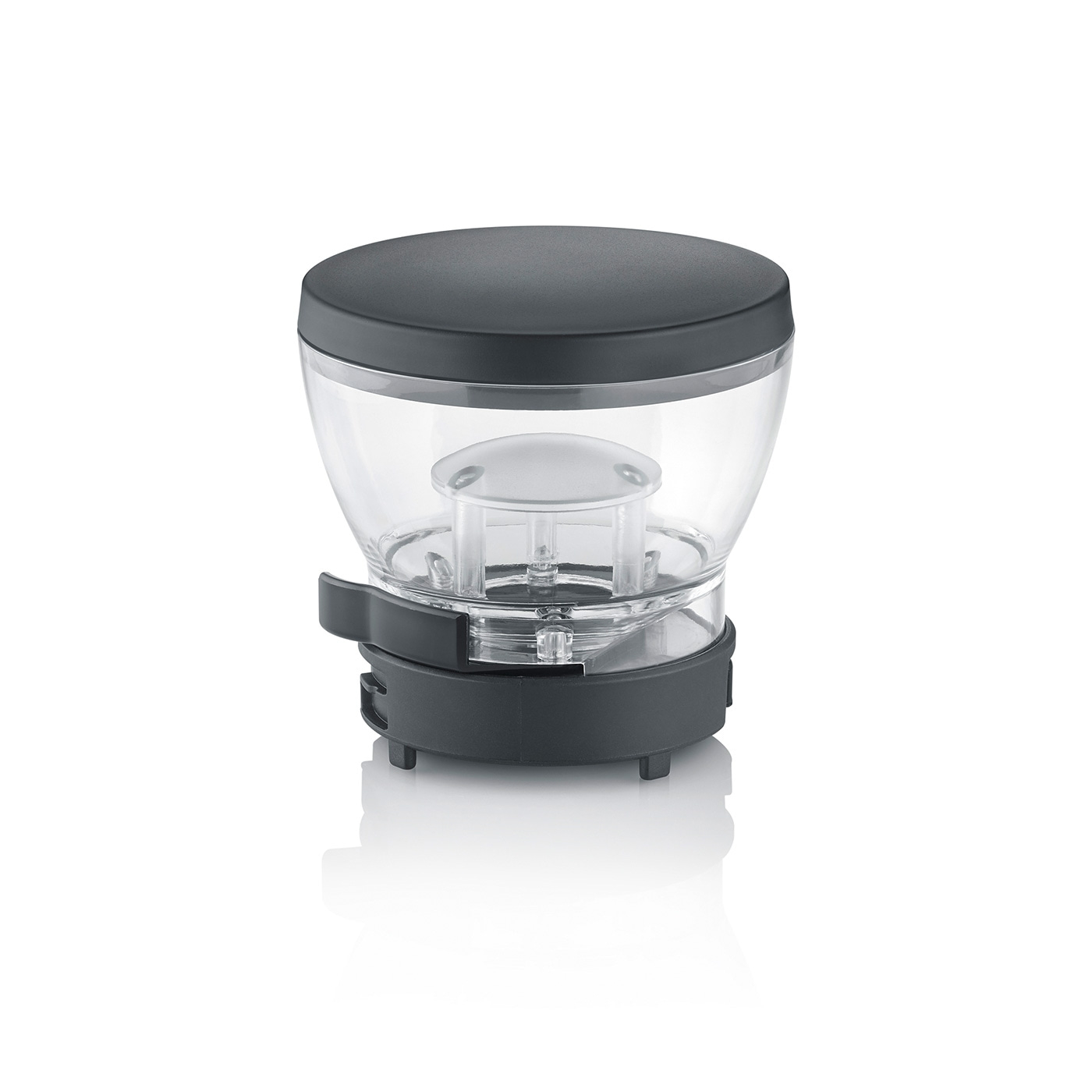 Transparenter Behälter mit Deckel und Halterung, isoliert auf weißem Hintergrund