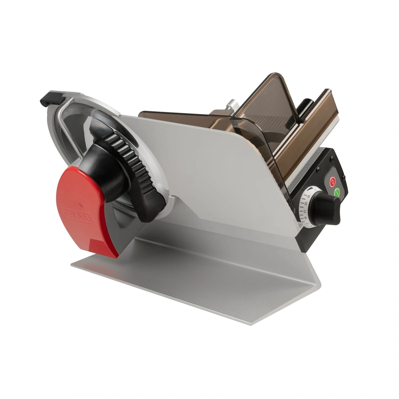 Graef electric slicer, silver, red, black, detail shot, close-up, food preparation