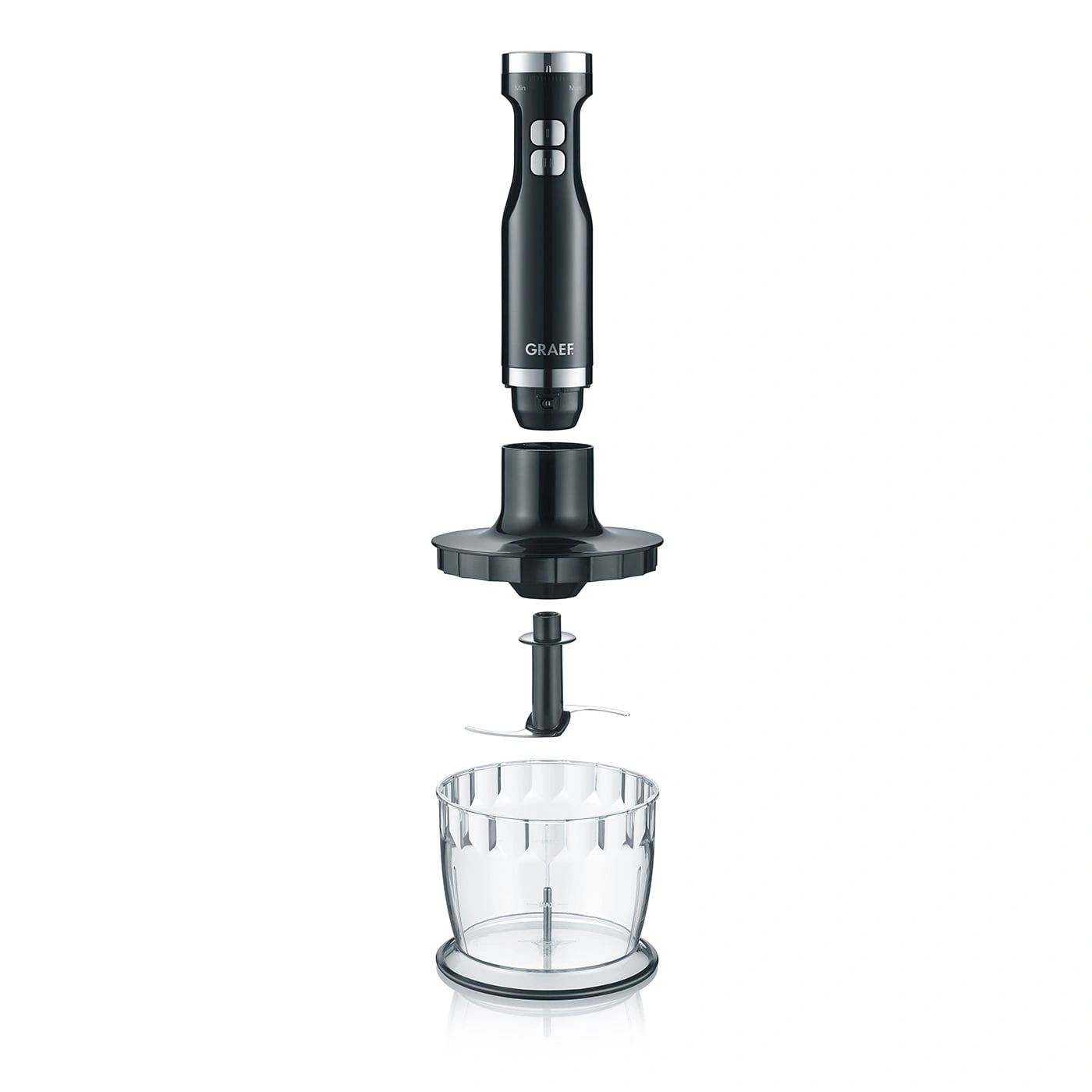 Black immersion blender with accessories, disassembled, on white background.