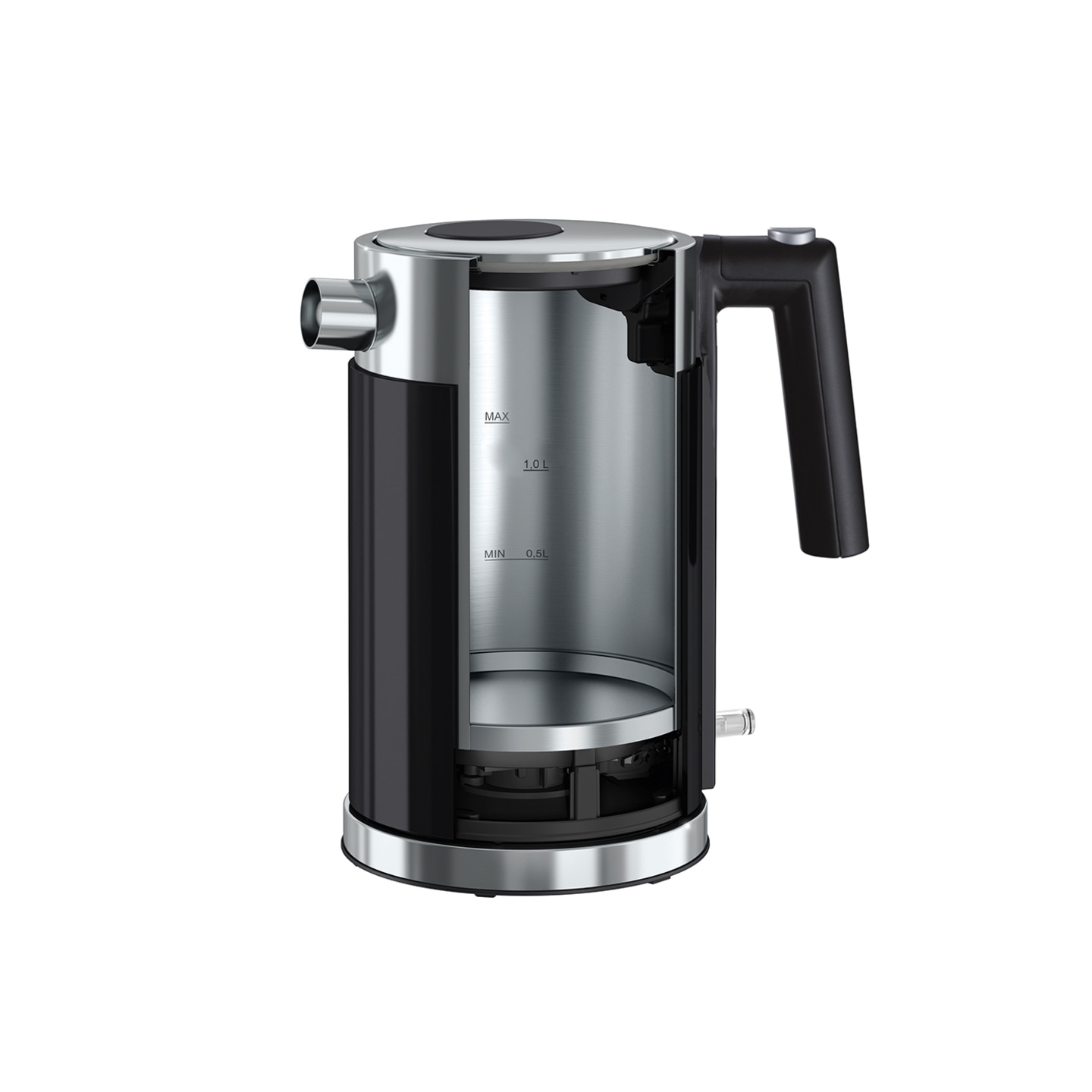 Wasserkocher, Edelstahl, schwarz, Schnitt, Innenleben, MAX, MIN, 1.0L, 0.5L, Griff, Ausguss