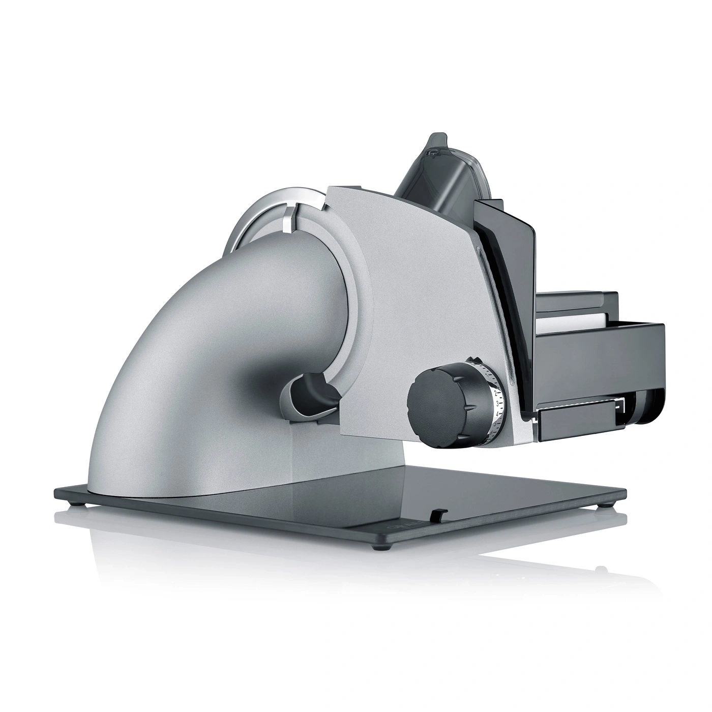 Electric food slicer, silver with black knob and base, for slicing food