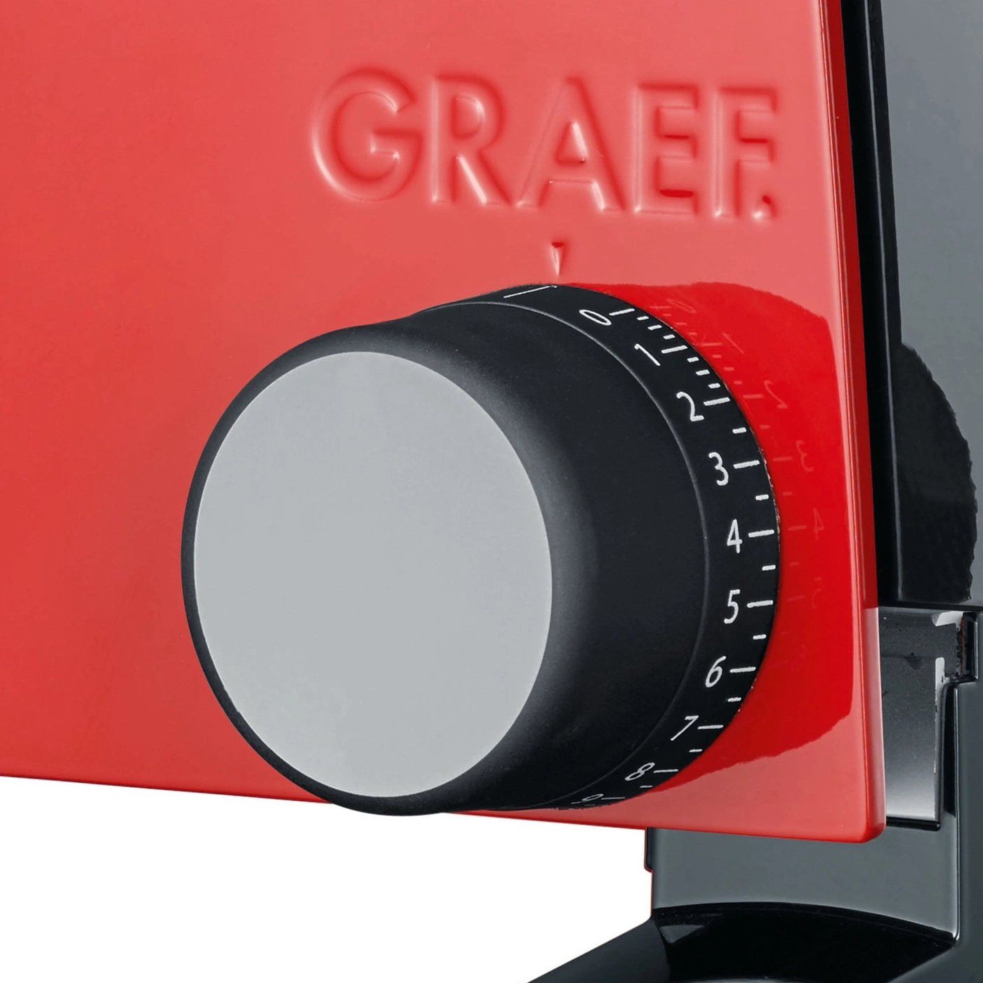 Red Graef food slicer with adjustment knob and scale