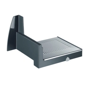 Dark gray meat slicer with a ribbed surface and a modern, sleek design.