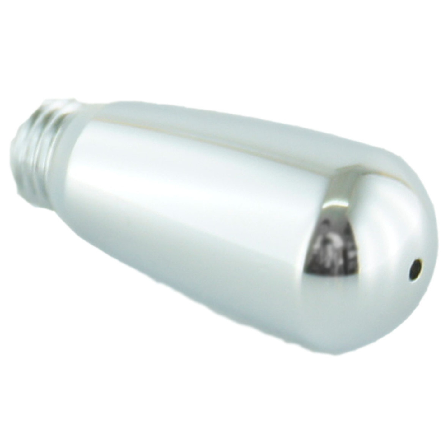 Glänzendes, metallisches Objekt mit Gewinde und einem kleinen Loch am Ende.