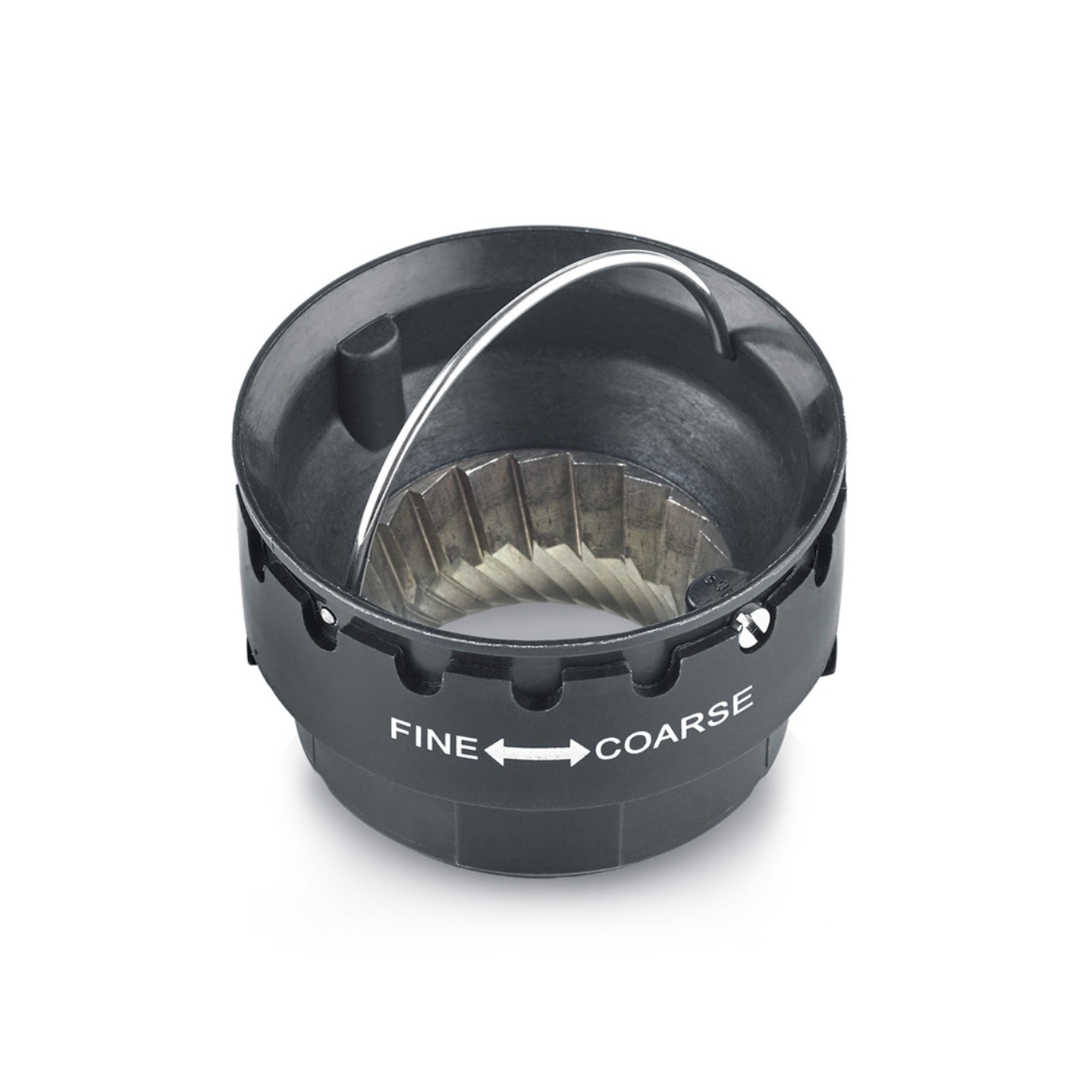 Kaffeemühle, Einstellung von fein zu grob, schwarzes Kunststoffgehäuse, Metallbügel