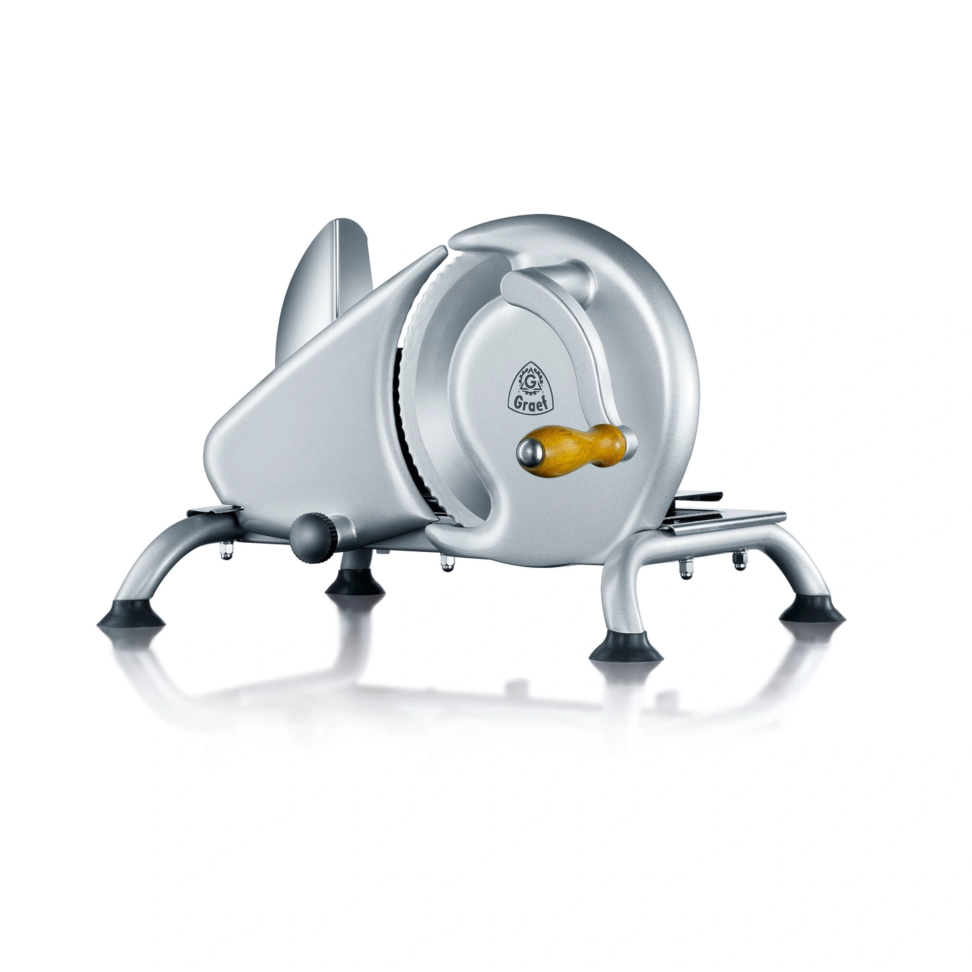 Silver Graef slicer with wooden handle on white background, product photo, kitchen appliance