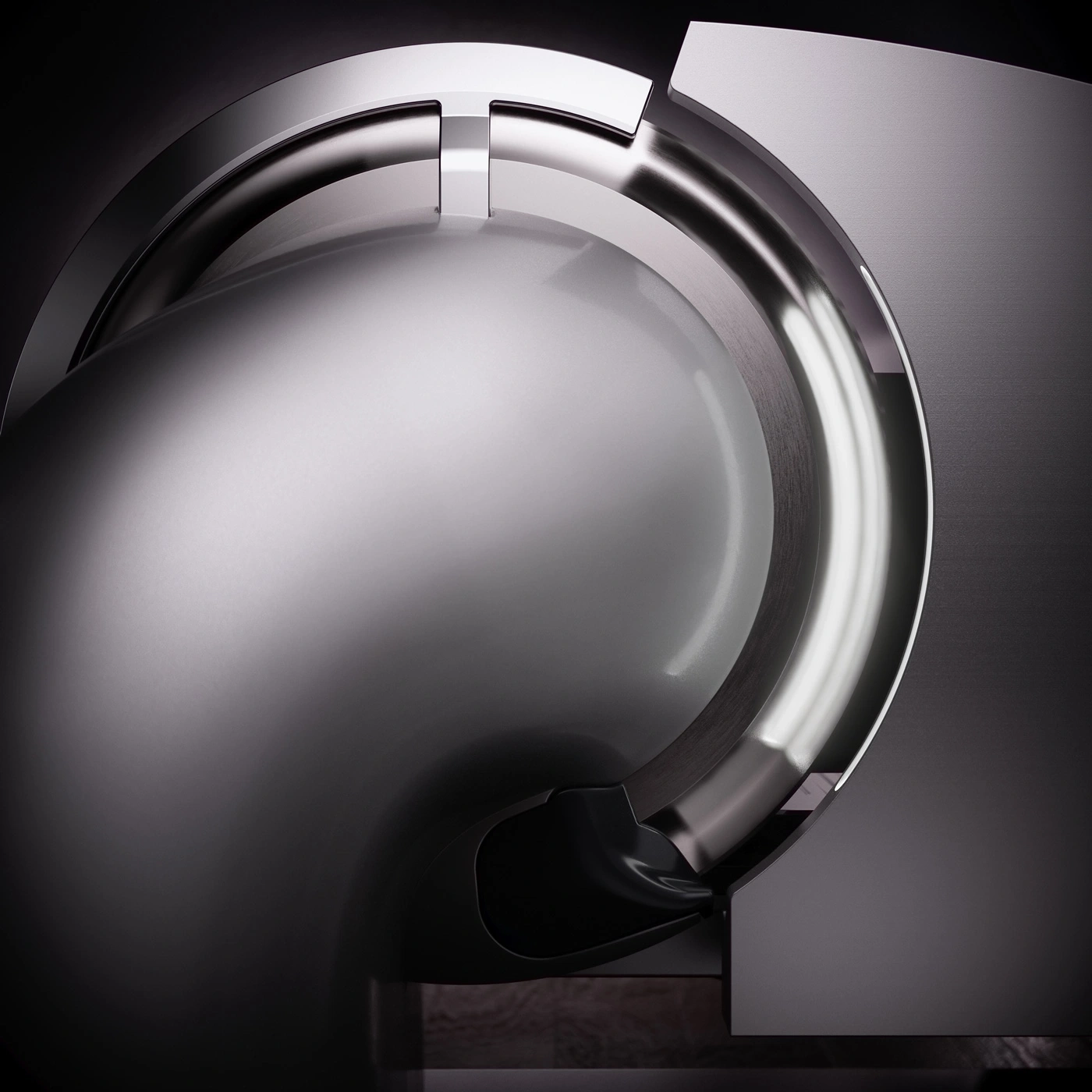 Abstract metallic structure with shiny surfaces and elegant curves, futuristic design.