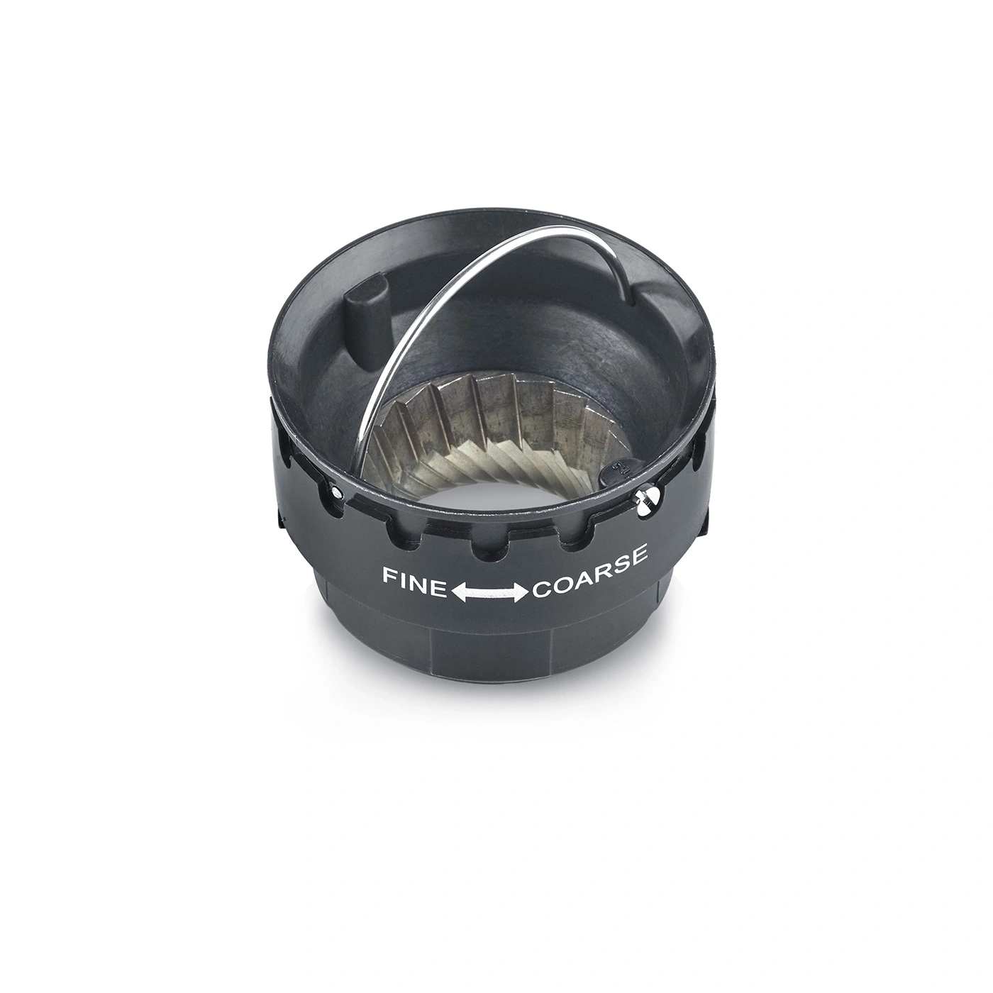 Black coffee grinder with fine and coarse adjustment settings.