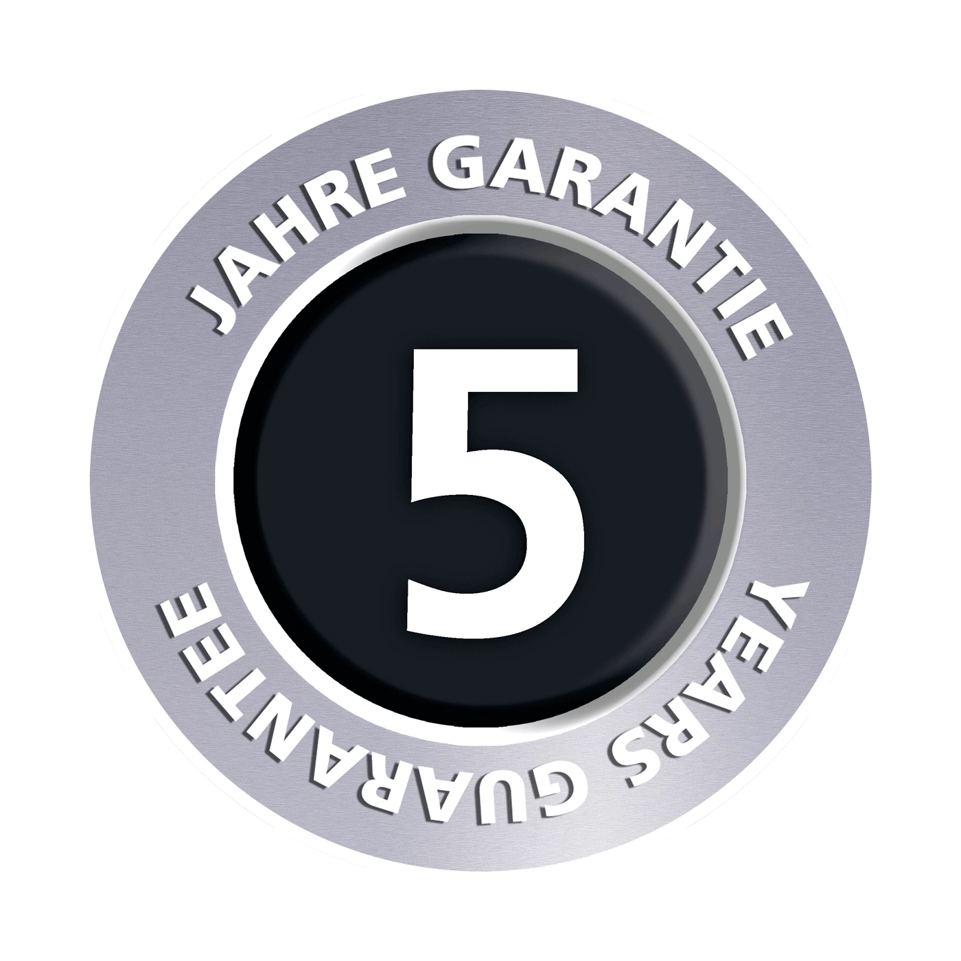 5 years guarantee, silver circle, black background, white text