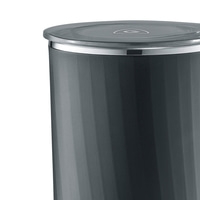 Grauer Mülleimer mit Deckel und silbernem Rand, Nahaufnahme, Detailaufnahme