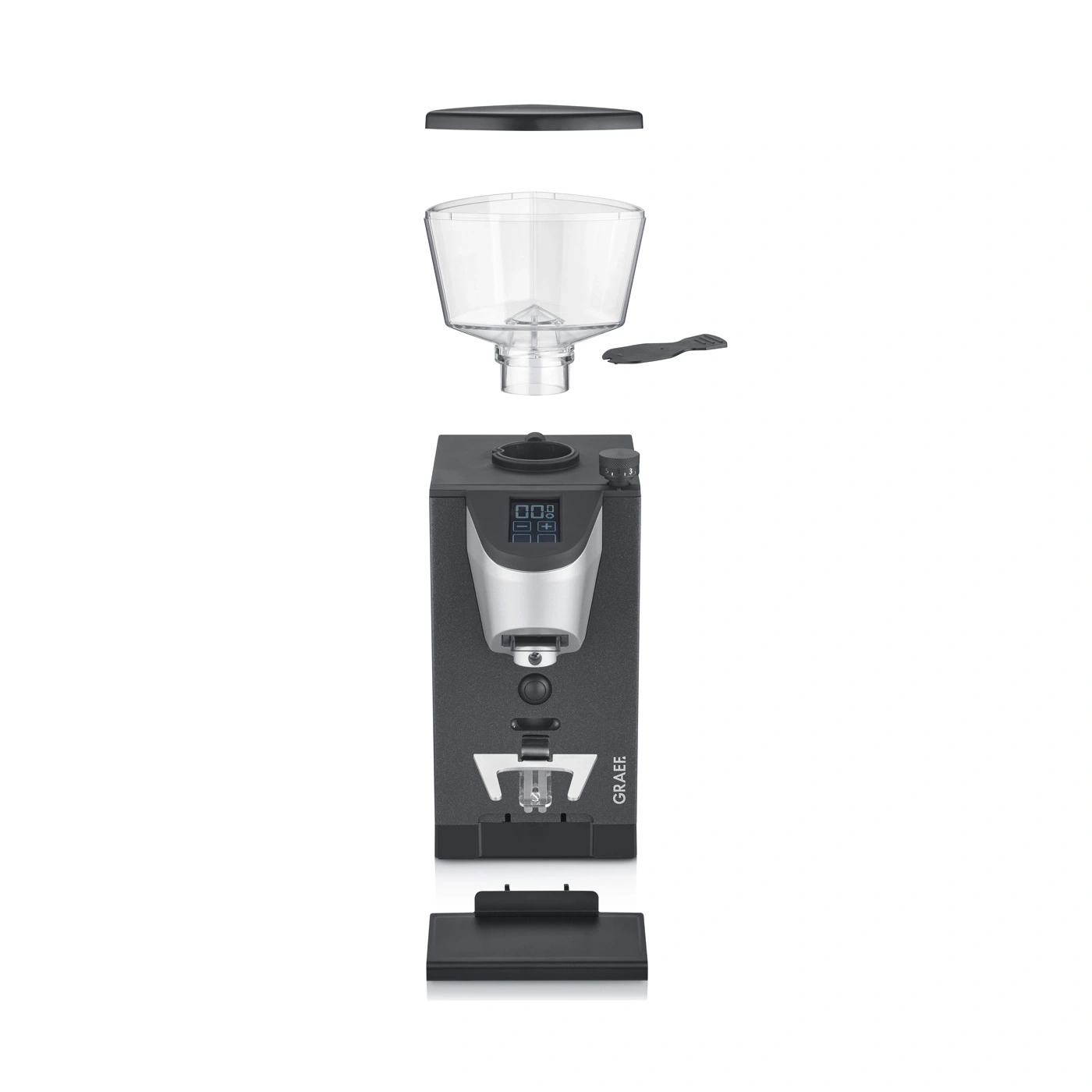 Coffee grinder, disassembled, parts, grinder, container, control panel, drip tray, GRAEF