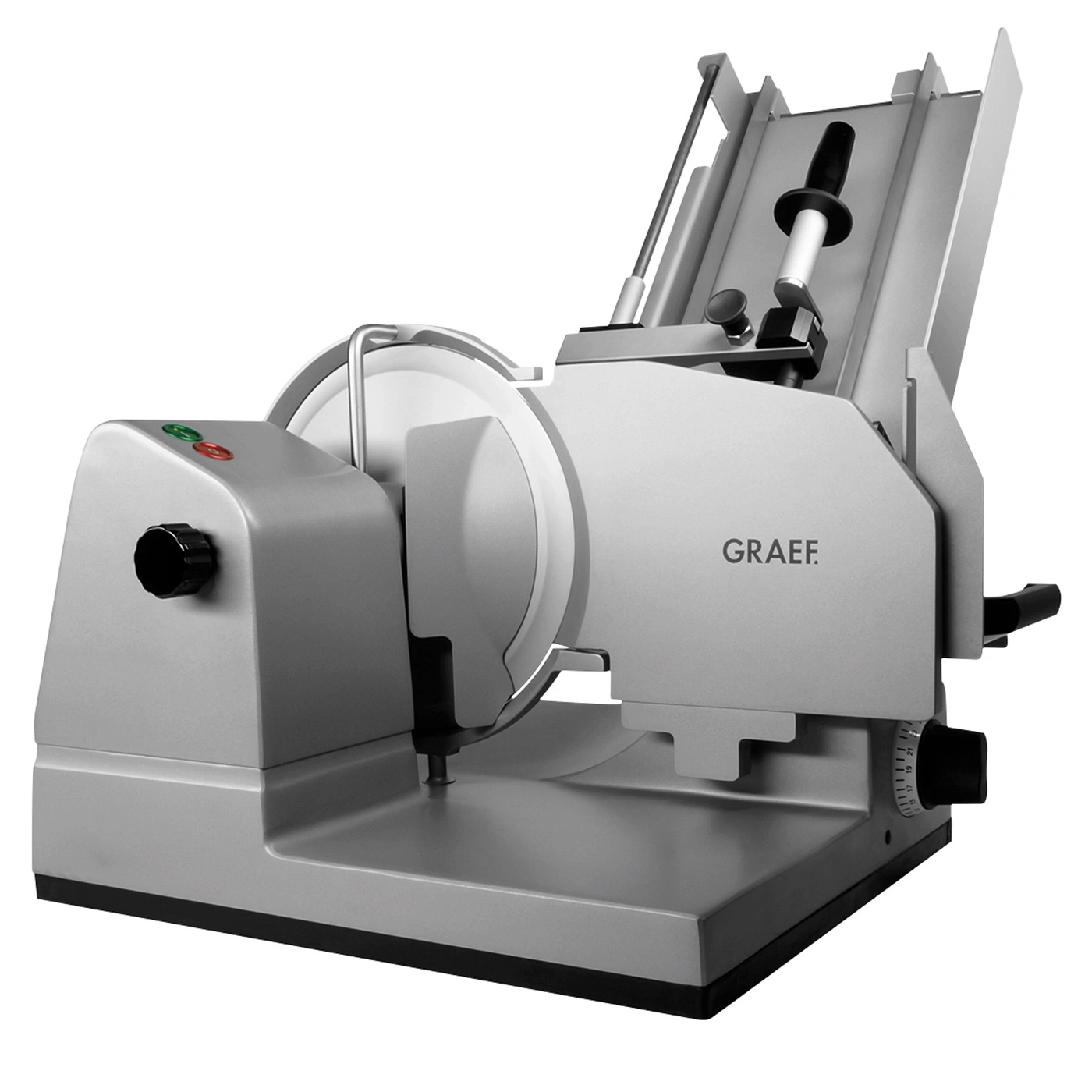 Silver Graef food slicer with blade and control knobs, close-up shot, kitchen appliance