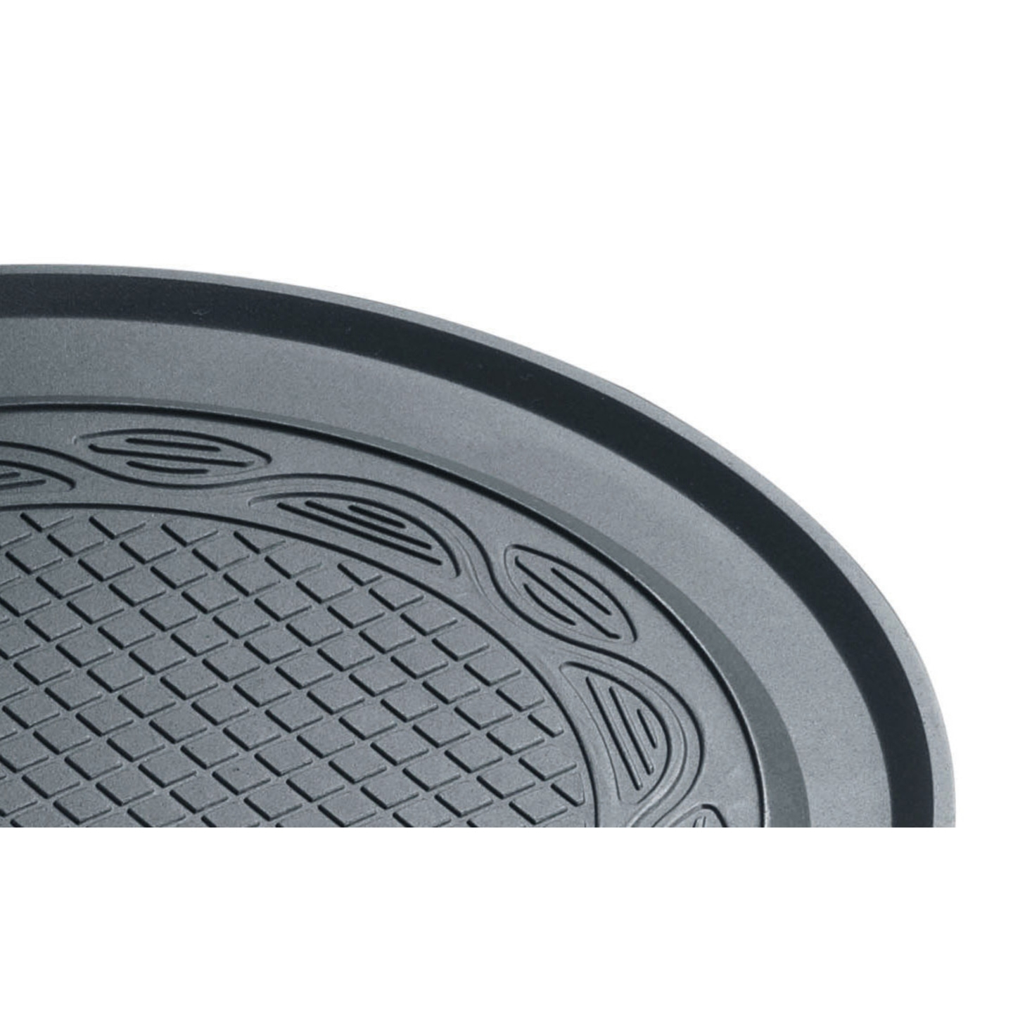 Graue runde Oberfläche mit dekorativen Mustern und einem Gittermuster