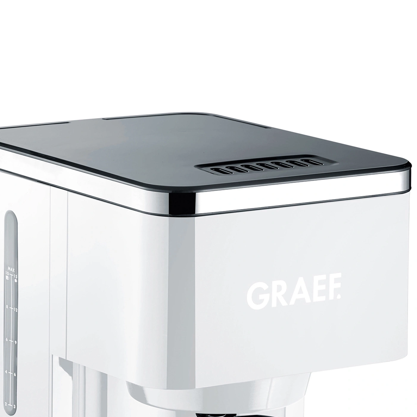 White coffee machine with GRAEF inscription and a black lid on top of it.