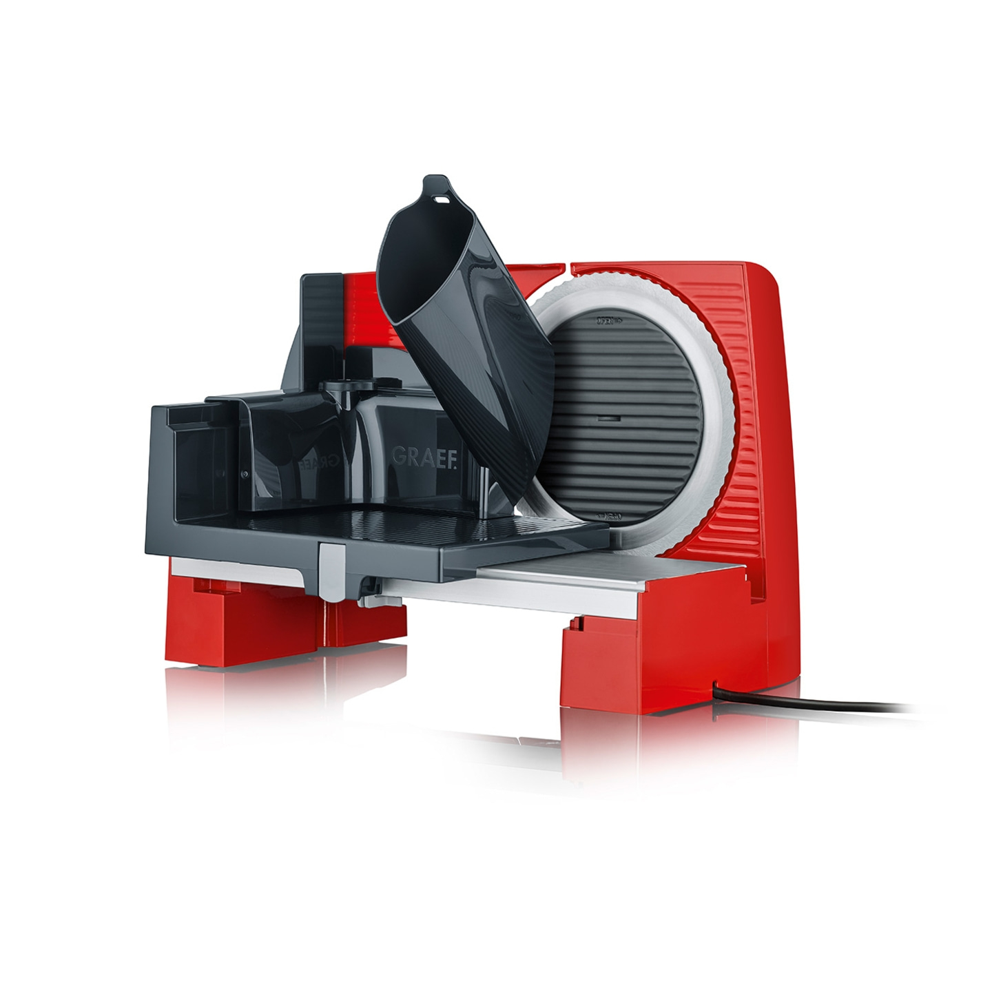 Roter Allesschneider mit grauem Zubehör und scharfer Klinge für Lebensmittel.