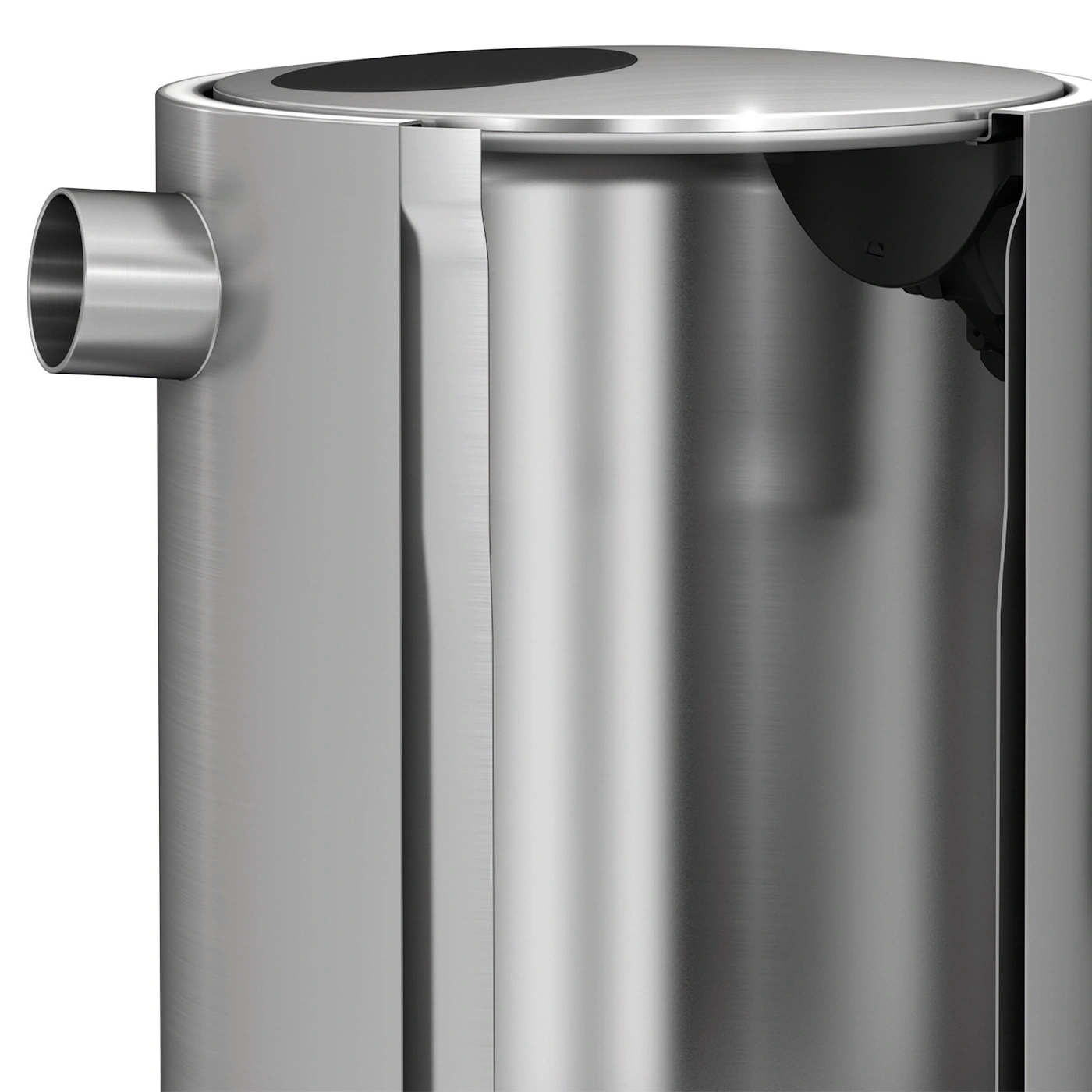 Stainless steel container with cutaway view, cylindrical, with outlet and lid