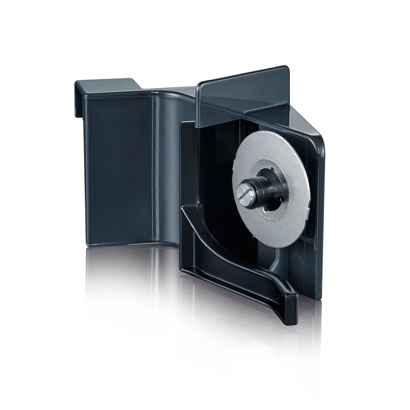 Dunkelgrauer Kunststoff mit einer runden Klinge und einem Schraubenmechanismus.