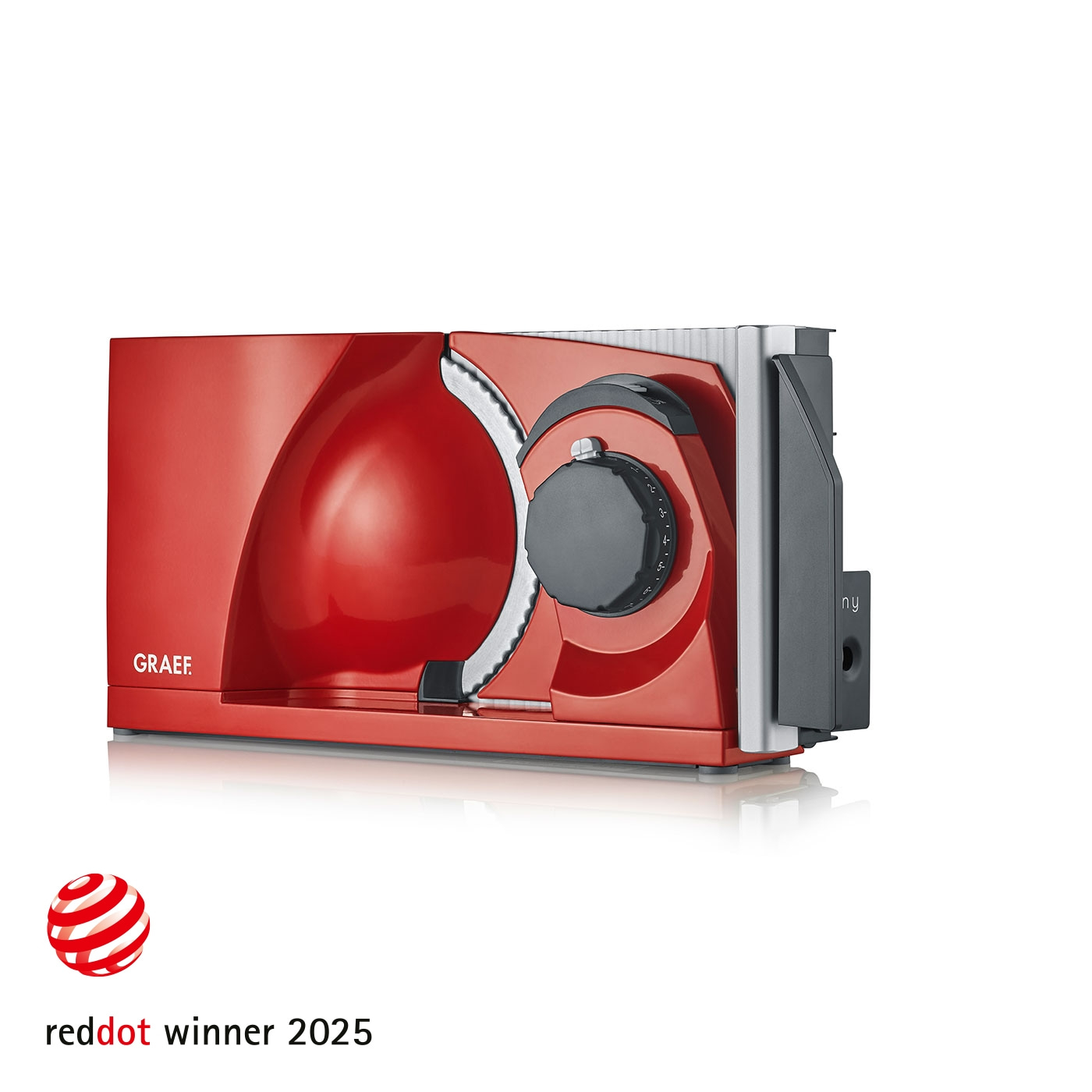 Red GRAEF slicer, Red Dot Winner 2025. Modern kitchen appliance, elegant design.