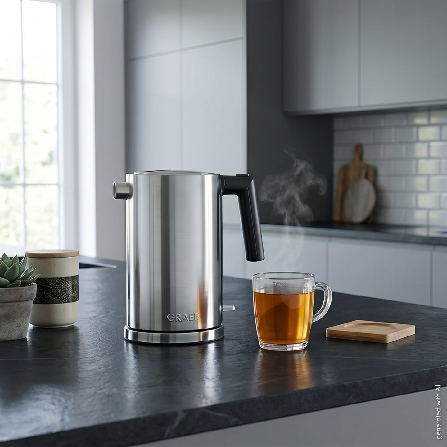 Edelstahlwasserkocher mit dampfender Tasse Tee auf Küchenarbeitsplatte.