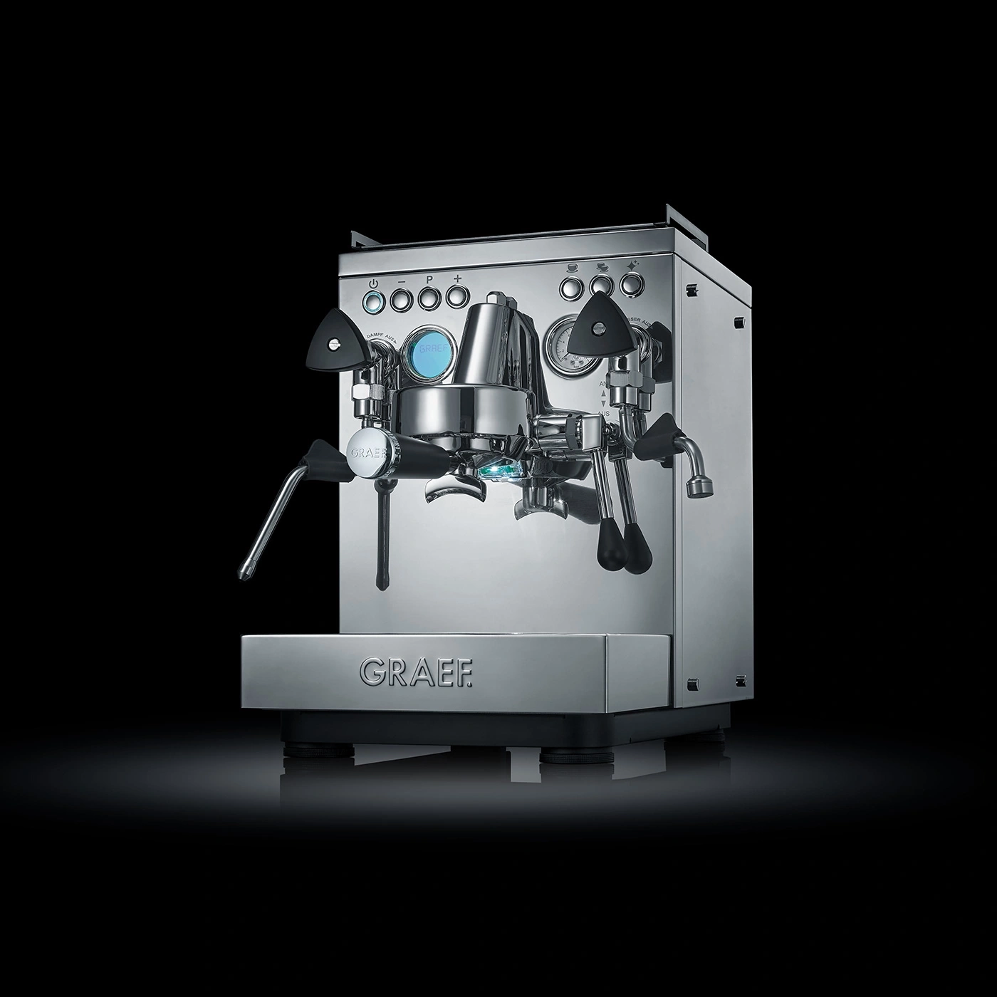 Stainless steel espresso machine with buttons and steam and hot water outlets, GRAEF logo