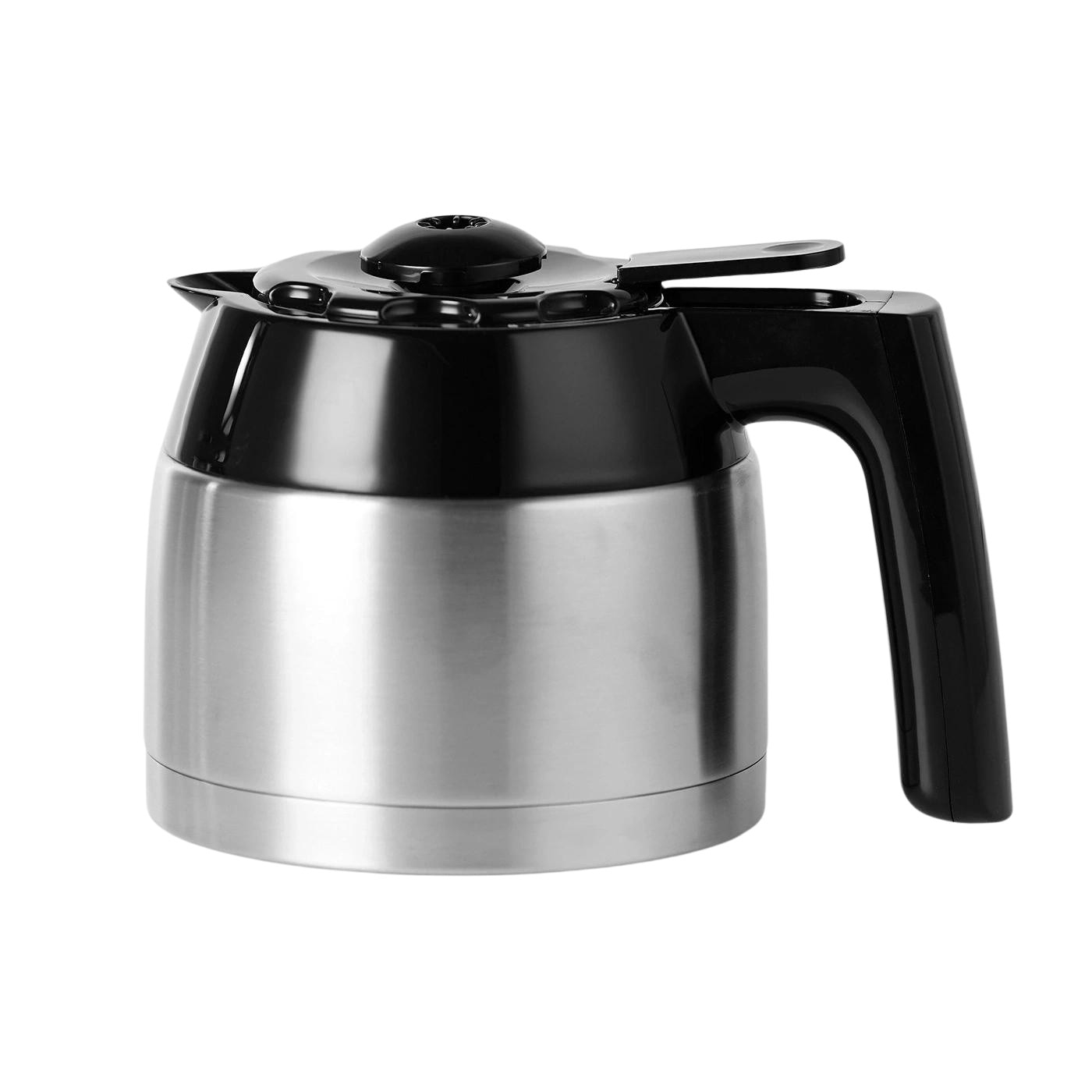 Kaffeekanne aus Edelstahl mit schwarzem Deckel und Griff, isoliert