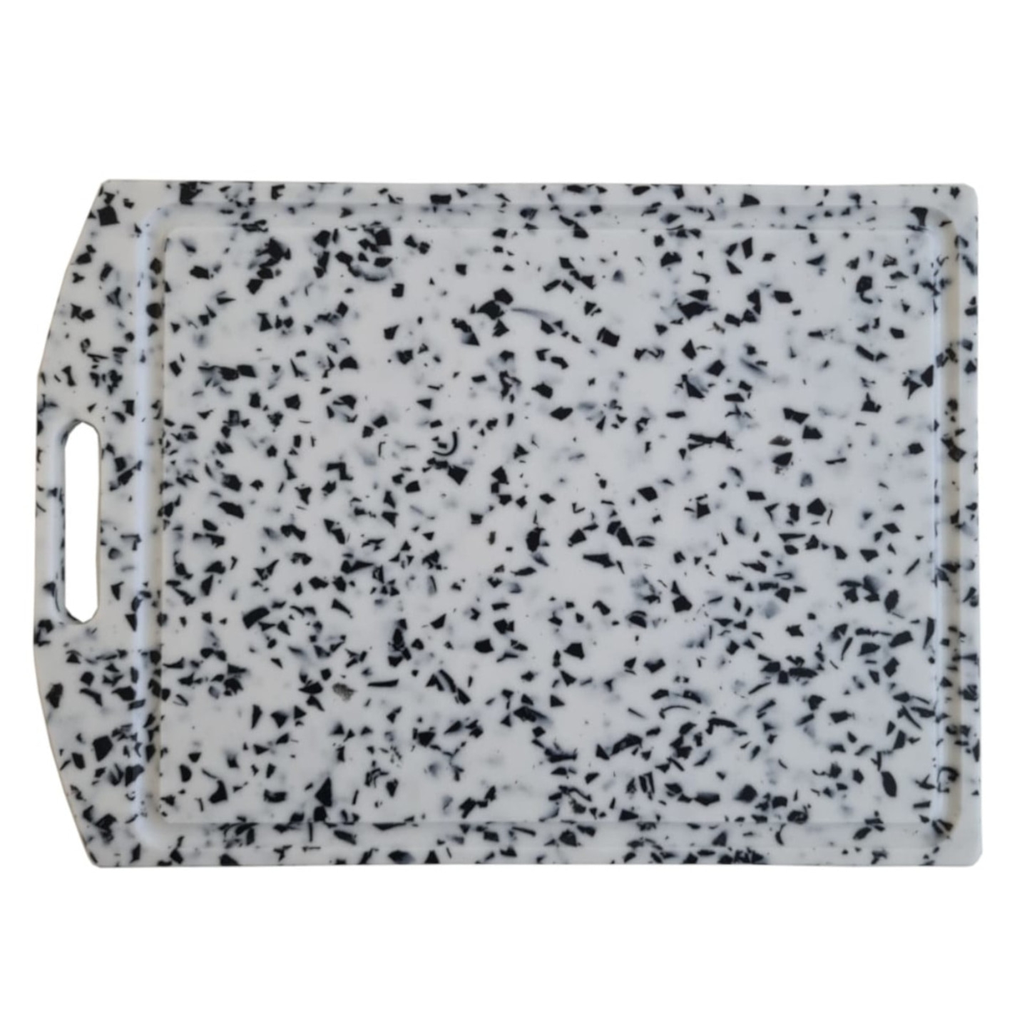 Schneidebrett mit Griff, weiß mit schwarzen Flecken, rechteckig