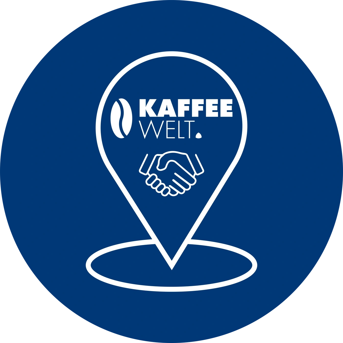 Blauer Kreis mit weißem Kaffee-Welt-Logo und Handshake-Symbol.