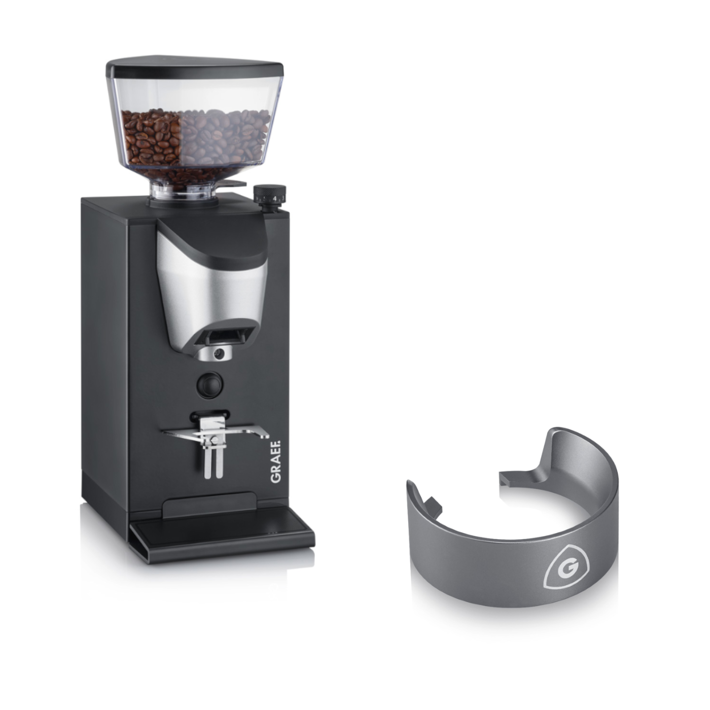 Coffee grinder with bean container and accessory, black and silver.