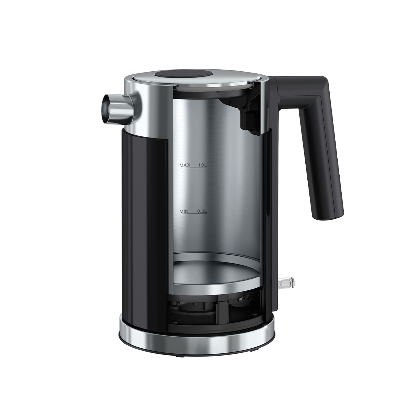 Querschnitt einer schwarzen und silbernen Wasserkocher mit Griff und Ausguss